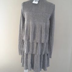 Zara Knit High Neck Ruffled Metallic Thread Dress Color Silver Beautiful Dress Size M Made From Italian Yarn New With Tags Neck Ruffle, Metallic Thread, Zara Dresses, Thread, High Neck, New Color, Beautiful Dresses, Zara, Colorful Dresses