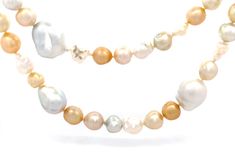 South Sea Cultured Baroque and Keshi Pearl Necklace Contemporary yet elegant. This one-of-a-kind pearl necklace features a mix of multi-coloured baroque and Keshi pearls and six South Sea pearls of 16.44mm diameter. The 10mm ball clasp is crafted in 18ct yellow gold and measuring 108cm in length. This particular piece is currently in stock and can be ready to ship within 1-3 days. If you would like this style custom crafted to your specifications you can get in touch with any special requests. P White Baroque Pearl Necklaces, Baroque Single Strand Pearl Necklace As Gift, Baroque Single Strand Pearl Necklace Gift, Multicolor High Luster Necklace For Gift, Multicolor High Luster Necklaces As Gift, Multicolor Baroque Pearl Jewelry Gift, Gift Baroque Pearl Multicolor Jewelry, White Baroque Pearl Necklace For Formal Occasions, Luxury White Baroque Pearl Necklace