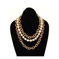 "This stunning Gerard Yosca haute couture necklace features a strand of large faux baroque pearls and a pair of chain strands with large gold-tone twisted wire links.  A rhinestone encrusted checkerboard clasp secures the jewel.  The strands are graduated and lay in a bib fashion when worn. Measurements:   the shortest strand is approx 16-1/2\" in wearable length.  The pearls are 14mm x 12mm. Signature:  the clasp is marked on both halves with the copyrighted Yosca name Condition:  rhinestones missing from the clasp, the clasp is a bit tight but works properly (because it is wide, it has 2 points where it clicks and holds closed), no wear to the pearls, a hint of a dark spot on the clasp. H696  Take a look at my shop ~ Industrial Blonde.  There you will find more great antique and vintage Luxury Metal Pearl Chain Necklace, Luxury Pearl Necklace With Metal Chain, Elegant Pearl Necklace With Chunky Chain, Glamorous Gold Pearl Necklace, Gold Pearl Chain Necklace For Evening, Luxury Pearl Necklace With Chain, Elegant Pearl Beaded Chain Necklace, Glamorous Gold Pearl Chain Necklace, Pearl Multi-strand Necklace For Parties