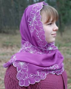 Elevate your style with our exquisite lightweight chiffon embroidered scarf - a personalized, handmade floral hair scarf designed for women who appreciate unique elegance. This purple long head scarf not only adds a touch of sophistication to your attire but also serves as a versatile orthodox head covering, ensuring both fashion and tradition seamlessly intertwine in your daily ensemble. Wear this various ways, draped freely, wrapped around your neck or shoulders, fixed with a brooch, looped or Purple Scarves For Wedding, Orthodox Head Covering, Traditional Headscarf, Long Head Scarf, Christian Veils, Handmade Scarf, Embroidered Scarf, Chiffon Floral, Scarf For Women