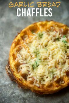 a close up of food on a table with text overlay that reads garlic bread chaffles