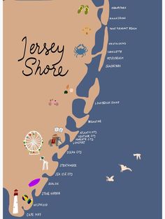 an illustrated map of jersey shore, with the names and attractions on it's side