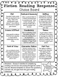 the fiction reading response worksheet is shown in black and white, with an image of