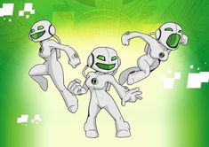 three cartoon characters in green and white colors, one holding the other's hand