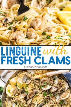 linguinne with fresh clams in a skillet