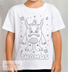 Looking for a fun and creative way to entertain your kids on weekends or to give as party favors? Look no further than our personalized white cotton colour me-in t-shirts! These t-shirts are perfect for unleashing your child's artistic side while keeping them stylishly clad. Our t-shirts are made from 100% cotton and printed using DTG technology, ensuring brilliant and long-lasting colors. Available in sizes 1-12 years, each shirt is personalized by printing your child's name right on the front Fun White T-shirt For Gifts, Fun White T-shirt As A Gift, Fun White T-shirt As Gift, Customizable Funny White T-shirt, Funny White Customizable T-shirt, White School T-shirt With Character Print, Funny Customizable White T-shirt, White T-shirt With Character Print For School, White T-shirt With Cartoon Print For Gift