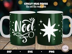 two coffee mugs with the words noel and star designs on them, sitting next to each other