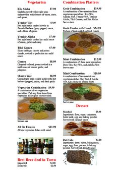 a menu with different types of food and drinks on the front page, along with prices for each item