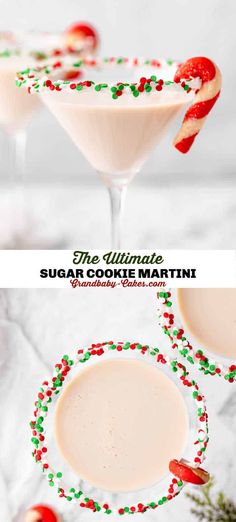 the ultimate sugar cookie martini recipe in two glasses with candy canes and peppermint sprinkles