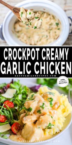 the crockpot creamy garlic chicken is served on top of mashed potatoes