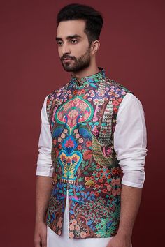 Brown Dupion Digital Printed Bundi Jacket Design by Siddhartha Bansal Men at Pernia's Pop Up Shop 2023 Indian Jackets, Digital Borders Design, Accessories Fashion