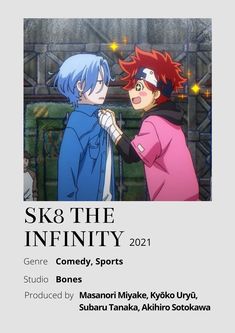 an advertisement for the anime show sko, featuring two young men with red hair and blue