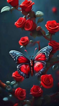 a butterfly sitting on top of red roses with the caption that says, i love you