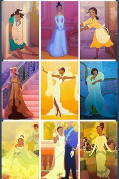 the princess and the frog characters from disney's animated movies are shown in this collage