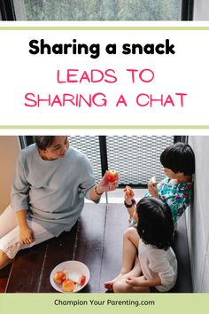 Mom eating a snack with her children.  Engage your child in a chat.  How to get your kids talking. Question Starters, School Questions, About School