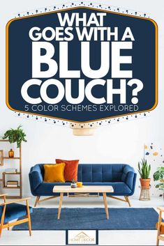 blue couch with the words what goes with a blue couch? 5 color schemes expired