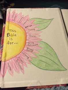 the bible is for written on an open book with a flower design and words in it