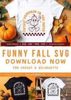 an orange and white shirt with the words funny fall svg on it next to pumpkins