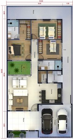 an overhead view of a floor plan with two cars parked in the driveway and one car on