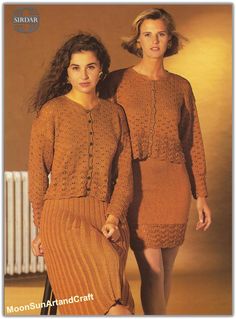 two women in brown knitted sweaters and skirts