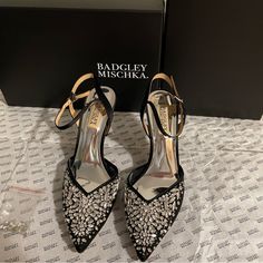 Badgley Mischa Black Jeweled Heels Size 6.5 In Good Condition Comes With Box And Dust Bag Blue Badgley Mischka Shoes, Wedding Shoes Badgley Mischka, Badgley Mischka Heels, Badgley Mischka Bridal Shoes, Jewel Badgley Mischka Shoes, Jeweled Heels, Badgley Mischka Shoes, Black Jewel, Badgley Mischka