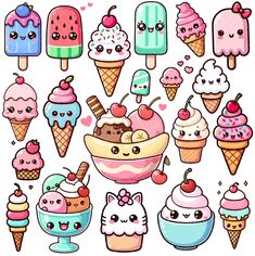 an assortment of ice creams and desserts with cute faces on them, all in pastel colors