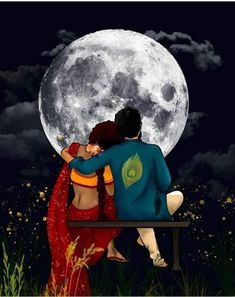 a man and woman sitting on a bench in front of the moon with their backs to each other