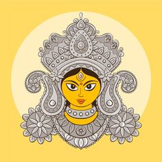 Navratri Devi Drawing, Navratri Mandala Art, Navratri Painting Ideas, Kolkata Illustration, Navratri Illustration, Navratri Art, Navratri Drawing