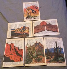 four old book pages with images of mountains and cactuses on them, all in different colors