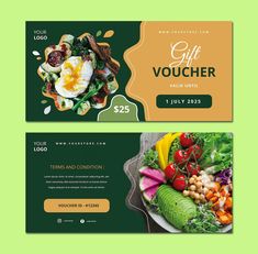 two green and yellow gift voucher cards with food items