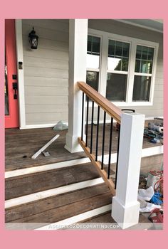 the front porch is covered with trash and other things to put on it's deck