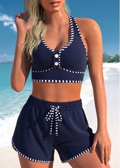 Color:Navy;Size:S;Size:M;Size:L;Size:XL;Size:XXL;Bra Style:Padded;Support:Wire Free;Pad Style:Removable;Strap Style:Adjustable;Package Contents:1 X Top , 1 X Shorts;Occasion:Sport; Women's Bathing Suits, High Waist Swimwear, High Waisted Bikinis, Pretty Swimwear, Beautiful Bathing Suits, Swimwear Style, Tankini With Shorts, Retro Swimwear, Swim Shorts Women