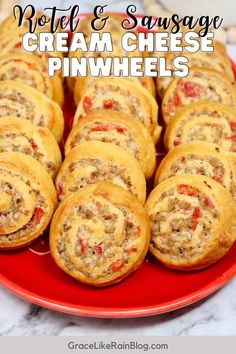 a plate full of cream cheese pinwheels with text overlay that reads, note & sausage cream cheese pinwheels