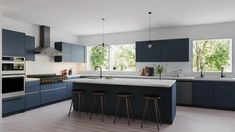 a modern kitchen with blue cabinets and counter tops, an island in the middle has stools on it