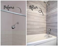 before and after photos of a bathroom remodel with white tile on the walls