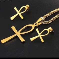 Brand New Ankh/Crux Ansata Cross Key Of The Nile Necklace&Stud Earrings 18k Gold Plated Gold Color Egyptian Symbol Jewelry Set Chain Length 22”