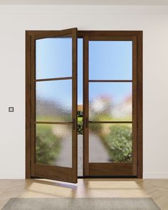 an open double door with the view of a garden through it's glass doors