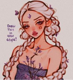 a drawing of a girl with braids and flowers in her hair, wearing a purple dress