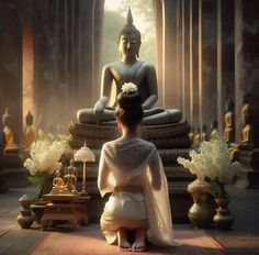 a woman sitting in front of a buddha statue