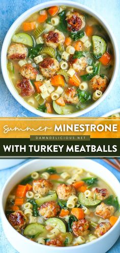 two bowls of minestone soup with turkey meatballs