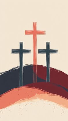 three crosses are on top of a hill