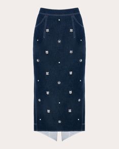 Modeled after traditional pencil styles, the Sonia skirt decorates its denim canvas with crystal embellishments and contrast topstitched seams. An asymmetric vent at the back hem allows for unrestricted movement. Zip closure Crystal embellishments Asymmetric back vent Contrast topstitched details Denim Self: 100% cotton Lining: 100% cotton Dry clean Made in China Size & Fit Garment measurements (size UK 8 / US 4): 32in long, 28.54in waist, 37.2in hips Model (wearing size UK 8): 5ft 10.5in tall, Embellished Denim, Denim Midi Skirt, Denim Details, Crystal Embellishment, Denim Skirt, Denim Jeans, Midi Skirt, Dry Clean, How To Wear