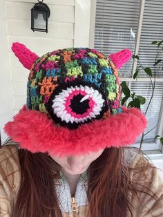 UV reactive acrylic yarn with fuzzy brim, horns and eye Acrylic Yarn, Bucket Hat, Caps Hats, Accessories Hats, Yarn, Hats