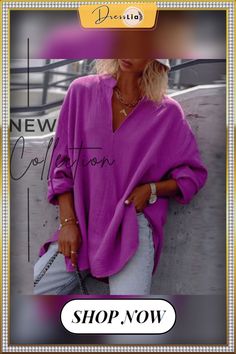 Women Autumn Casual Long Sleeve V-neck Blouse Solid Color Loose Pullover Top Ladies Commuter Fashion Simple All-match Shirt Trendy Solid Color V-neck Blouse, Casual Long Sleeve V-neck Top For Summer, Trendy V-neck Blouse For Fall, Casual Solid V-neck Blouse, Trendy Long Sleeve V-neck Top For Summer, Casual Solid Color V-neck Blouse, Trendy Oversized V-neck Blouse, Chic Long Sleeve V-neck Top, Casual V-neck Split Neck Top For Fall