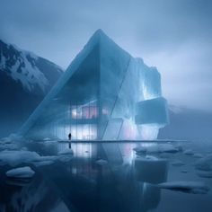 an iceberg in the middle of water surrounded by snow and ice with people standing on it