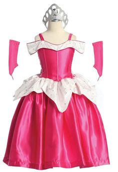 a pink dress with white trims and a tiara