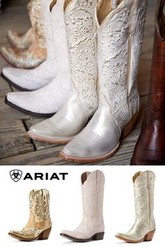 several different types of cowboy boots with the words ariat written on them in white and brown