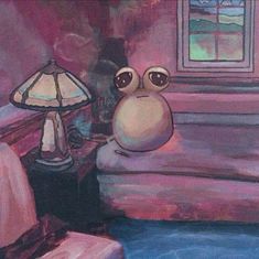 a painting of a frog sitting on a couch next to a lamp