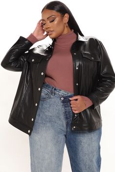 Available In Chestnut And Black. Faux Leather Jacket Button Front Over Sized Fit 100% Polyurethane Imported | Switch Up Faux Leather Jacket in Black size Large by Fashion Nova Black Faux Leather Jacket, Womens Black Dress, Over Sized, Leather Jacket Black, Faux Leather Jacket, Womens Loungewear, Jacket Buttons, Faux Leather Jackets, Black Faux Leather