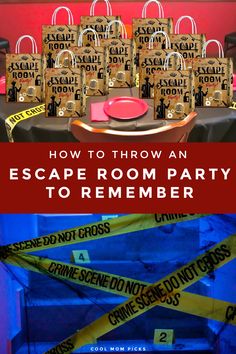 an escape room party with yellow caution tape around it and black bags on the table